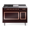 Burgundy dual-fuel range with copper trim; griddle and closed dual oven doors
