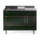 Emerald green dual-fuel range front view with six burners, griddle, and open ovens