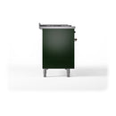 Emerald green dual-fuel range side panel with bronze knob accents and legs