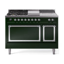 Emerald green dual fuel range with chrome trim, sealed burners, griddle, and two oven doors