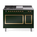Emerald green dual-fuel range with brass trim, top burners and solid door oven