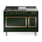 ILVE Nostalgie II Noblesse 48-Inch 5.02 Cu. Ft. Dual Oven Natural Gas Dual Fuel Range with 5 Burners, Griddle, French Top and Solid Door in Emerald Green with Brass Trim (UN48FSQNMPEGG)