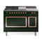 ILVE Nostalgie II Noblesse 48-Inch 5.02 Cu. Ft. Dual Oven Propane Gas Dual Fuel Range with 5 Burners, Griddle, French Top and Solid Door in Emerald Green with Copper Trim (UN48FSQNMPEGPLP)