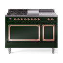 Emerald green dual fuel range with copper trim, front burners and solid oven doors