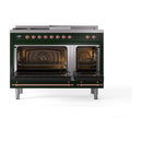 Emerald green dual-fuel range with two open oven doors and front control knobs