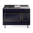 Midnight blue gas dual-fuel range with bronze trim, burners, control panel, solid doors
