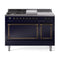 ILVE Nostalgie II Noblesse 48-Inch 5.02 Cu. Ft. Dual Oven Propane Gas Dual Fuel Range with 5 Burners, Griddle, French Top and Solid Door in Midnight Blue with Burnished Bronze Trim (UN48FSQNMPMBBLP)