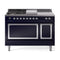 ILVE Nostalgie II Noblesse 48-Inch 5.02 Cu. Ft. Dual Oven Propane Gas Dual Fuel Range with 5 Burners, Griddle, French Top and Solid Door in Midnight Blue with Chrome Trim (UN48FSQNMPMBCLP)