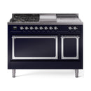 Midnight blue dual-fuel range with chrome-trimmed burners, griddle, and two oven doors