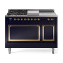 Midnight blue dual fuel range front with brass trim, burners, and two oven doors
