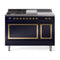 ILVE Nostalgie II Noblesse 48-Inch 5.02 Cu. Ft. Dual Oven Natural Gas Dual Fuel Range with 5 Burners, Griddle, French Top and Solid Door in Midnight Blue with Brass Trim (UN48FSQNMPMBG)