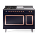 Midnight blue dual fuel range with French top, griddle, and solid oven doors