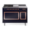ILVE Nostalgie II Noblesse 48-Inch 5.02 Cu. Ft. Dual Oven Natural Gas Dual Fuel Range with 5 Burners, Griddle, French Top and Solid Door in Midnight Blue with Copper Trim (UN48FSQNMPMBP)