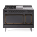 ILVE matte graphite dual fuel range with bronze-trimmed doors and sealed burners
