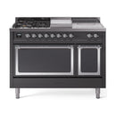 ILVE dual fuel gas range with griddle and two dark ovens in matte graphite