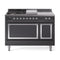 ILVE Nostalgie II Noblesse 48-Inch 5.02 Cu. Ft. Dual Oven Propane Gas Dual Fuel Range with 5 Burners, Griddle, French Top and Solid Door in Matte Graphite with Chrome Trim (UN48FSQNMPMGCLP)