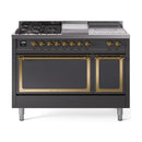 Matte graphite dual-fuel range with brass-trim burners, griddle, and twin oven doors