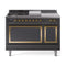 ILVE Nostalgie II Noblesse 48-Inch 5.02 Cu. Ft. Dual Oven Propane Gas Dual Fuel Range with 5 Burners, Griddle, French Top and Solid Door in Matte Graphite with Brass Trim (UN48FSQNMPMGGLP)