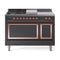 ILVE Nostalgie II Noblesse 48-Inch 5.02 Cu. Ft. Dual Oven Propane Gas Dual Fuel Range with 5 Burners, Griddle, French Top and Solid Door in Matte Graphite with Copper Trim (UN48FSQNMPMGPLP)