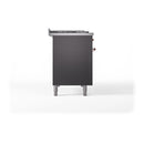 Matte graphite range side panel with copper-trimmed control knobs and front feet