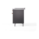 Matte graphite range side view with copper-trimmed edges and raised back panel