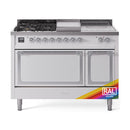 Stainless dual fuel range with chrome trim, griddle, and two solid oven doors