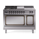 Stainless dual-fuel range with burner knobs, center griddle, and bronze-trim oven doors