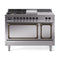 ILVE Nostalgie II Noblesse 48-Inch 5.02 Cu. Ft. Dual Oven Natural Gas Dual Fuel Range with 5 Burners, Griddle, French Top and Solid Door in Stainless Steel with Burnished Bronze Trim (UN48FSQNMPSSB)