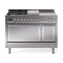 Stainless steel dual-fuel range with chrome-trim control panel, burners, griddle, oven doors