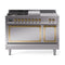 ILVE Nostalgie II Noblesse 48-Inch 5.02 Cu. Ft. Dual Oven Natural Gas Dual Fuel Range with 5 Burners, Griddle, French Top and Solid Door in Stainless Steel with Brass Trim (UN48FSQNMPSSG)