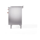 Stainless steel range cabinet with top panel, copper-trim controls, and leveling legs