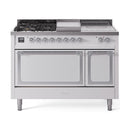 White ILVE 48-inch dual fuel range with burners, griddle, and double oven doors