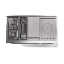 ILVE dual fuel range side view with exposed gas burners and chrome trim