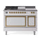 ILVE Nostalgie II Noblesse 48-Inch 5.02 Cu. Ft. Dual Oven Natural Gas Dual Fuel Range with 5 Burners, Griddle, French Top and Solid Door in White with Brass Trim (UN48FSQNMPWHG)
