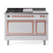 ILVE Nostalgie II Noblesse 48-Inch 5.02 Cu. Ft. Dual Oven Natural Gas Dual Fuel Range with 5 Burners, Griddle, French Top and Solid Door in White with Copper Trim (UN48FSQNMPWHP)