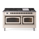 ILVE dual fuel gas range in antique white with bronze trim, two oven doors and knobs