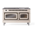 ILVE antique white dual fuel range with bronze trim, control knobs and two oven doors