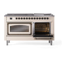 ILVE antique white dual fuel range with bronze trim, left oven closed and right oven open