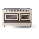 Antique white dual fuel range front with two oven doors and cooktop controls