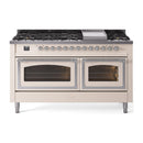 Antique white dual fuel range with chrome trim, black grates, and two closed oven doors