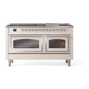 Antique white dual fuel range with chrome control knobs and two closed oven doors