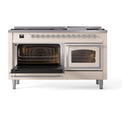Antique white dual fuel range with left oven open and right oven door closed