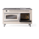 Antique white dual fuel range with right oven open and left oven door closed