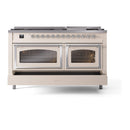 Antique white dual fuel range with chrome knobs and two oven doors with viewing windows