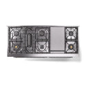 Dual fuel range cooktop burner layout with black grates and shared center frame