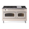 ILVE Nostalgie II Noblesse 60-Inch 5.8 Cu. Ft. Dual Oven Natural Gas Dual Fuel Range with 9 Burners, Griddle and Triple Glass Door in Antique White with Chrome Trim (UN60FNMPAWC)