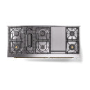 Underside view of gas range cooktop with four burners and grates