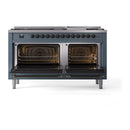 Blue grey dual-fuel range with both oven doors open, showing interior racks and burners