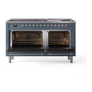 Blue-grey dual fuel range with both oven doors open and visible heating elements