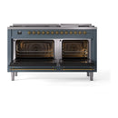 Blue-grey dual fuel range with brass trim; wide view of both ovens open